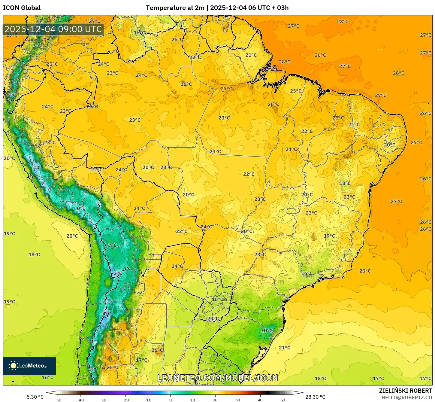 ICON model - Brazil, Temperature at 2m