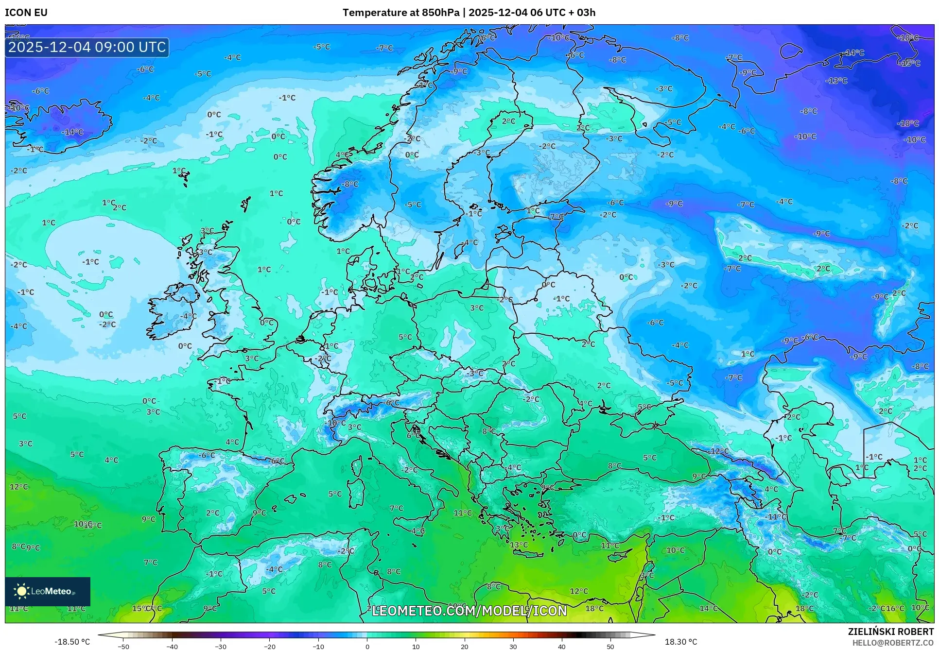 ICON model - Europe, Temperature at 850hPa