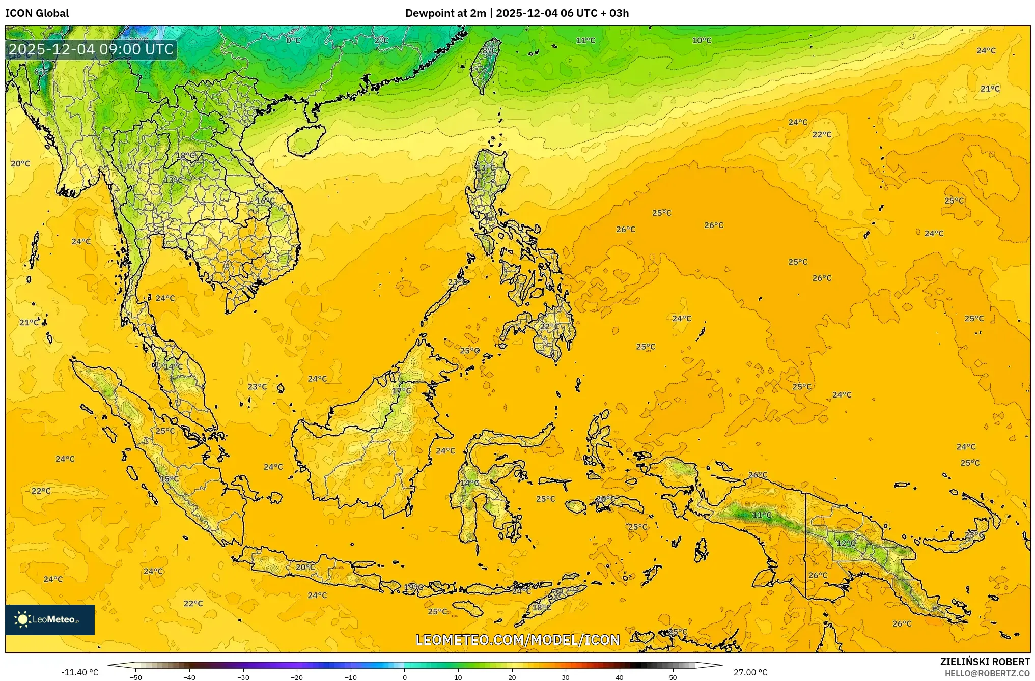 ICON model - South East Asia, Dewpoint at 2m