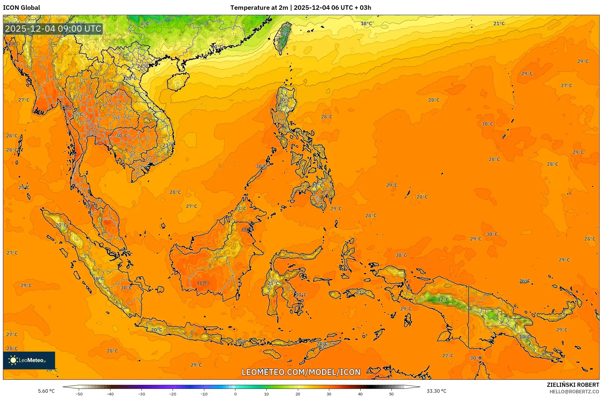 ICON model - South East Asia, Temperature at 2m