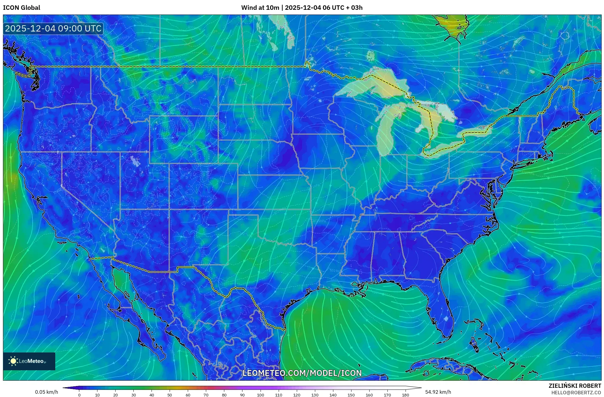 ICON model - United States, Wind at 10m