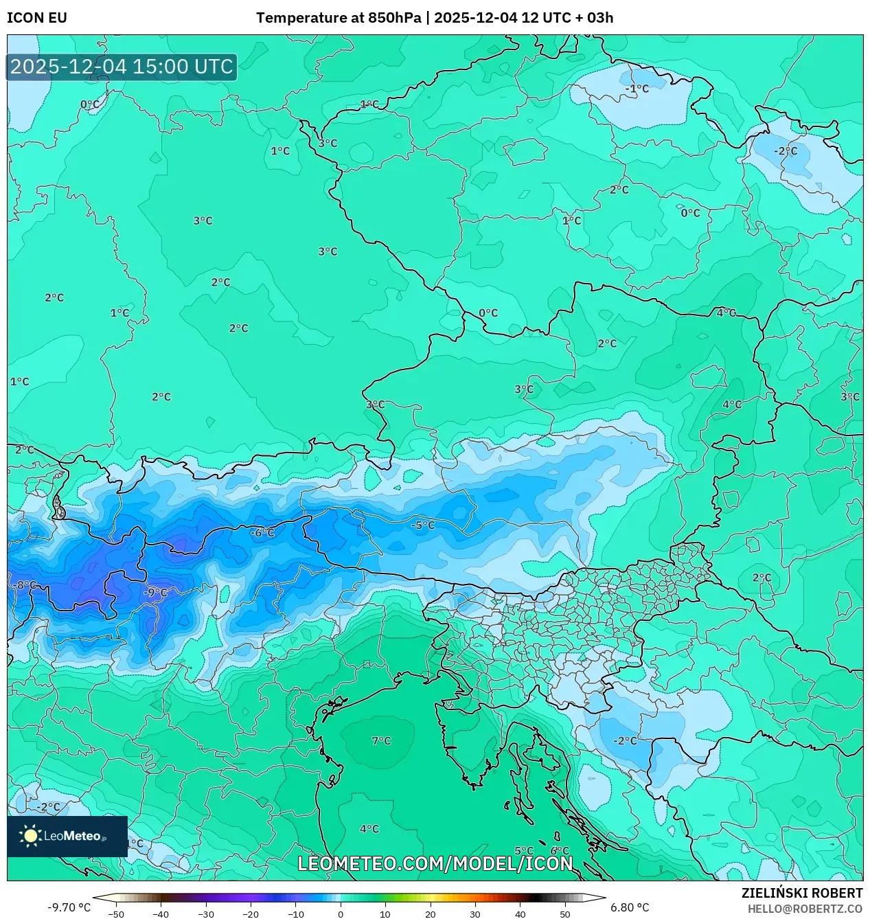 ICON model - Austria, Temperature at 850hPa