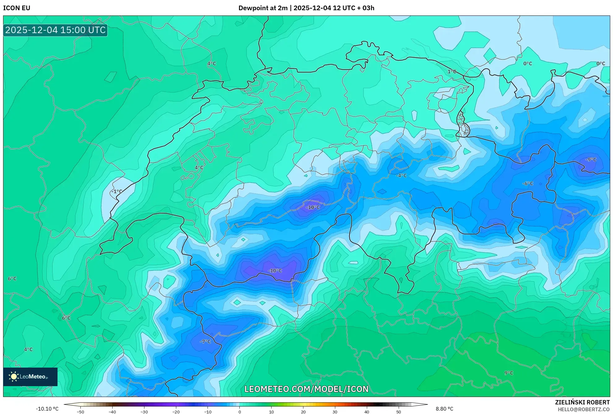 ICON model - Switzerland, Dewpoint at 2m