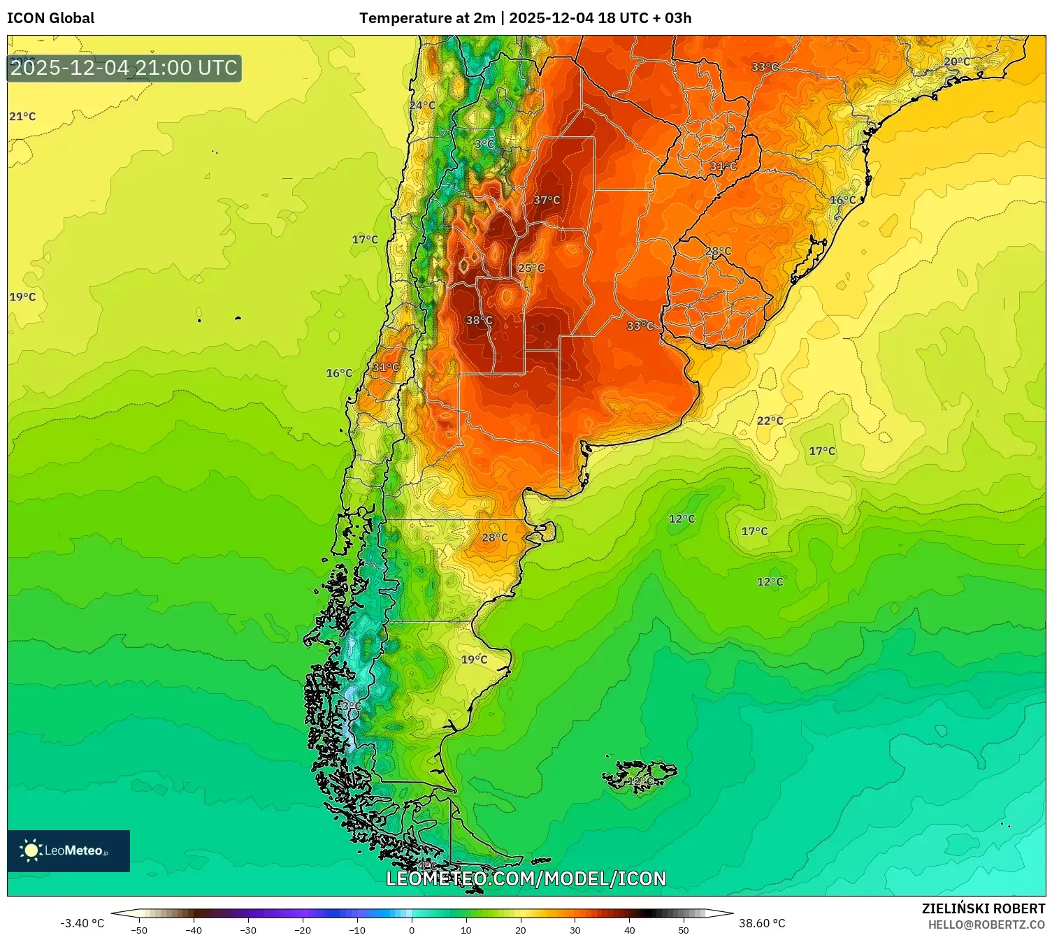 ICON model - Argentina, Temperature at 2m