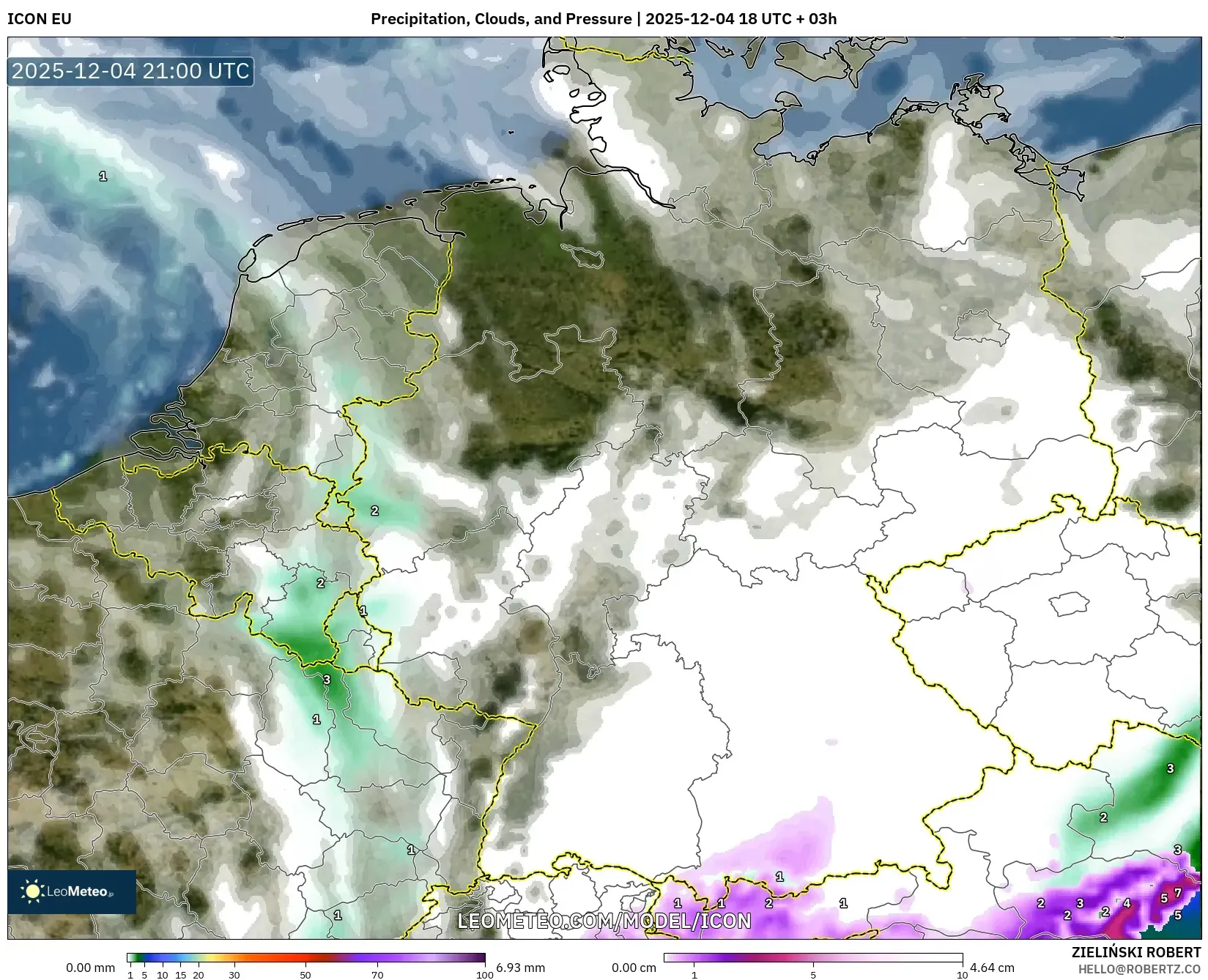 ICON model - Germany, Precipitation, Clouds, and Pressure