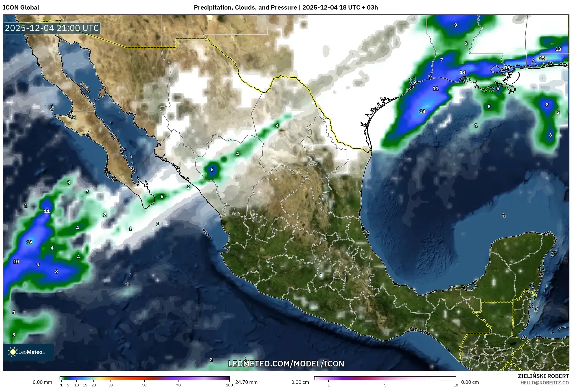 ICON model - Mexico, Precipitation, Clouds, and Pressure