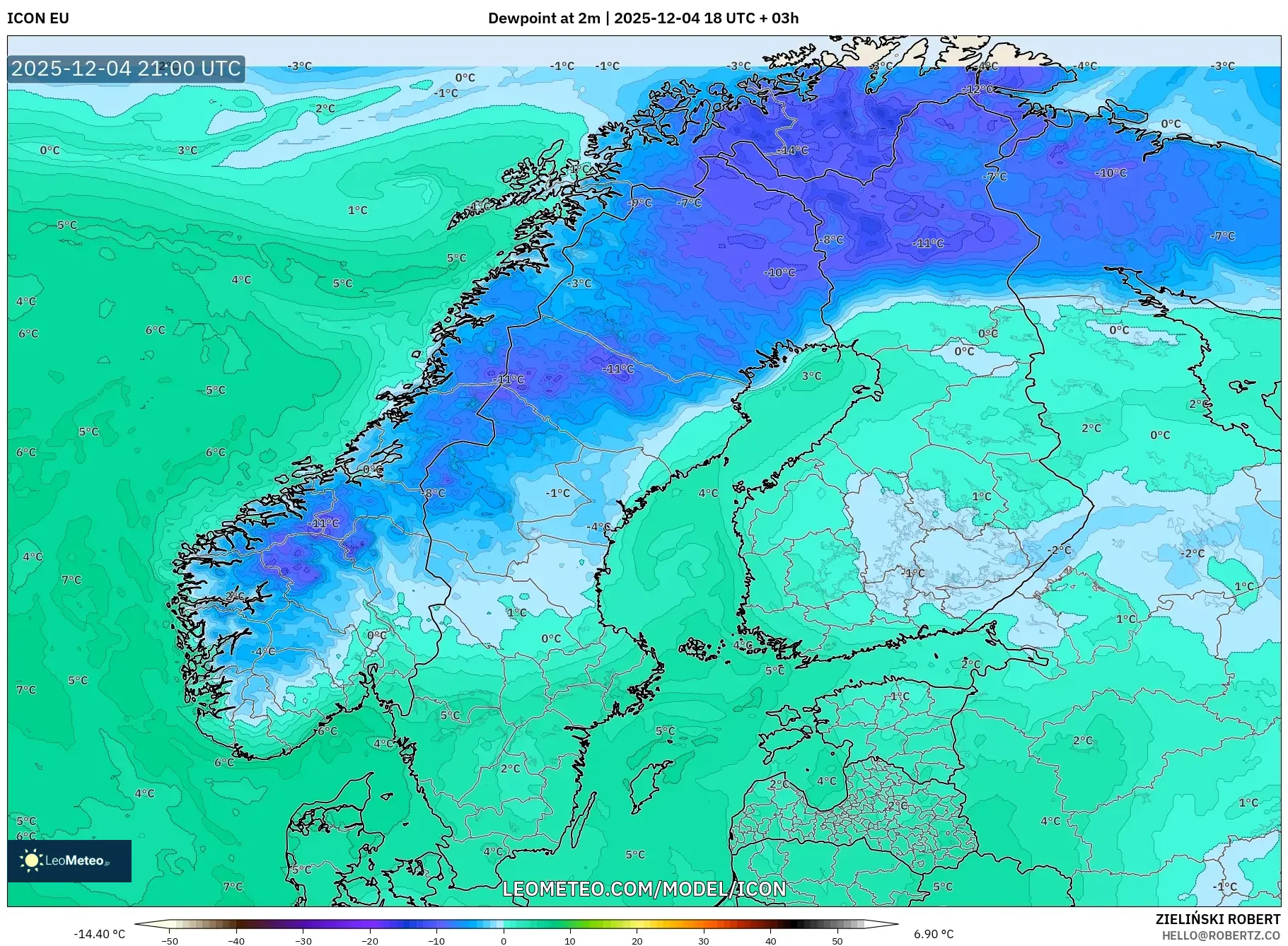 ICON model - Scandinavia, Dewpoint at 2m