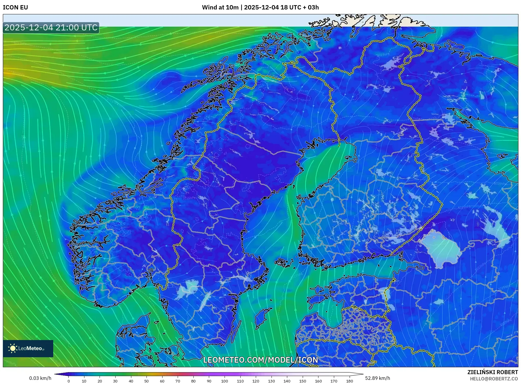 ICON model - Scandinavia, Wind at 10m