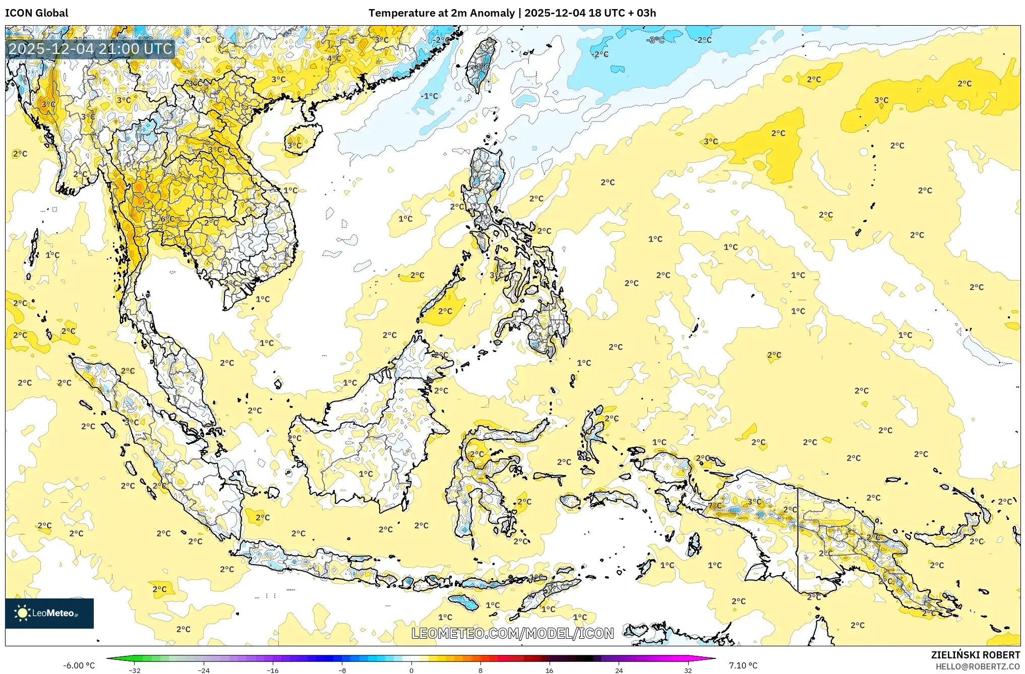 ICON model - South East Asia, Temperature at 2m Anomaly