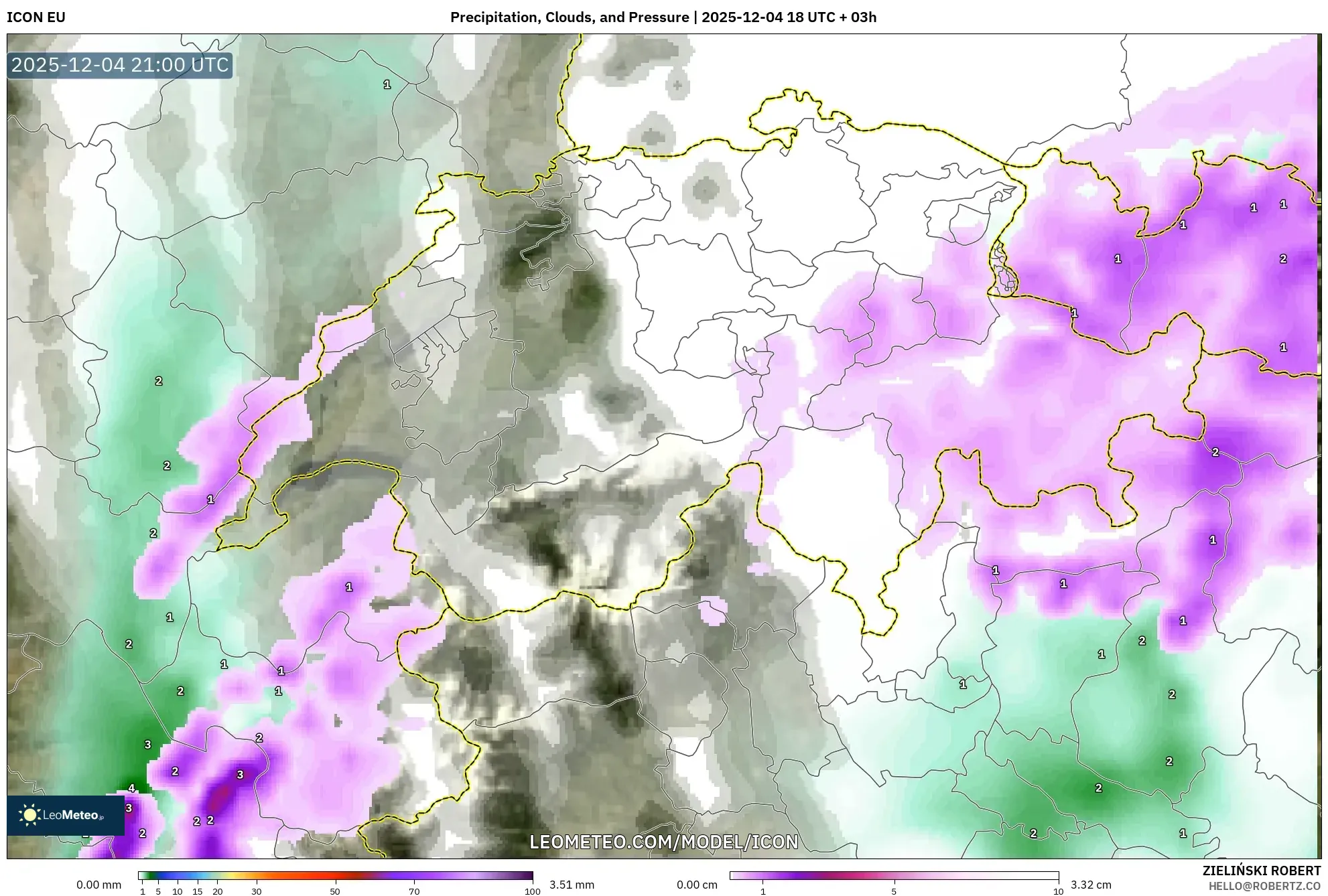 ICON model - Switzerland, Precipitation, Clouds, and Pressure