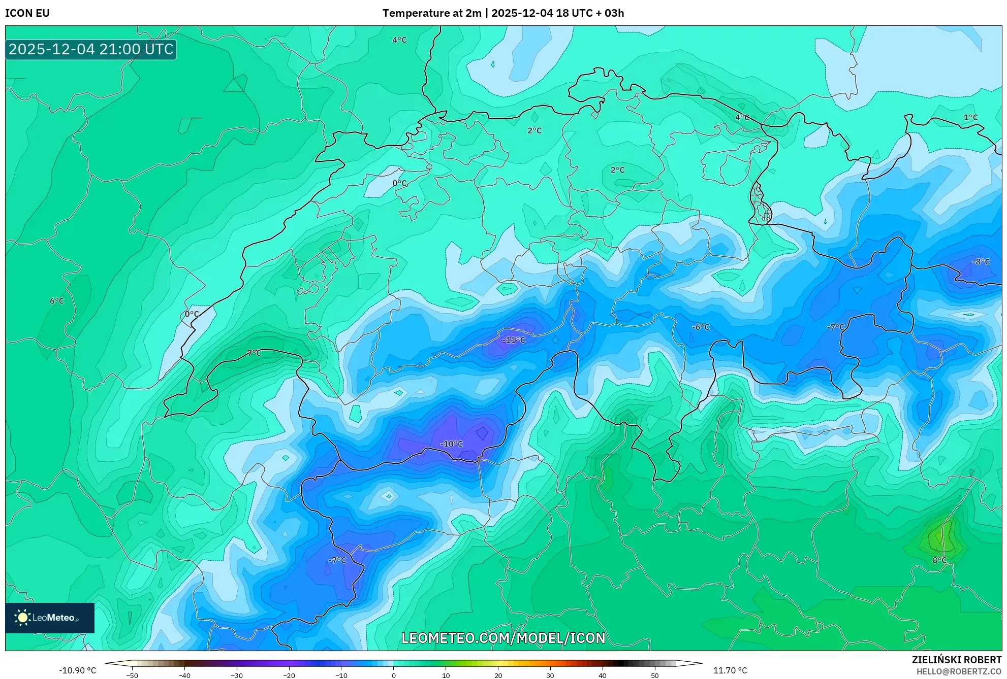 ICON model - Switzerland, Temperature at 2m