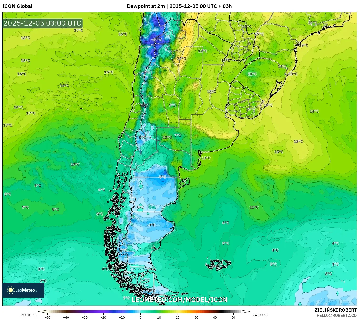 ICON model - Argentina, Dewpoint at 2m