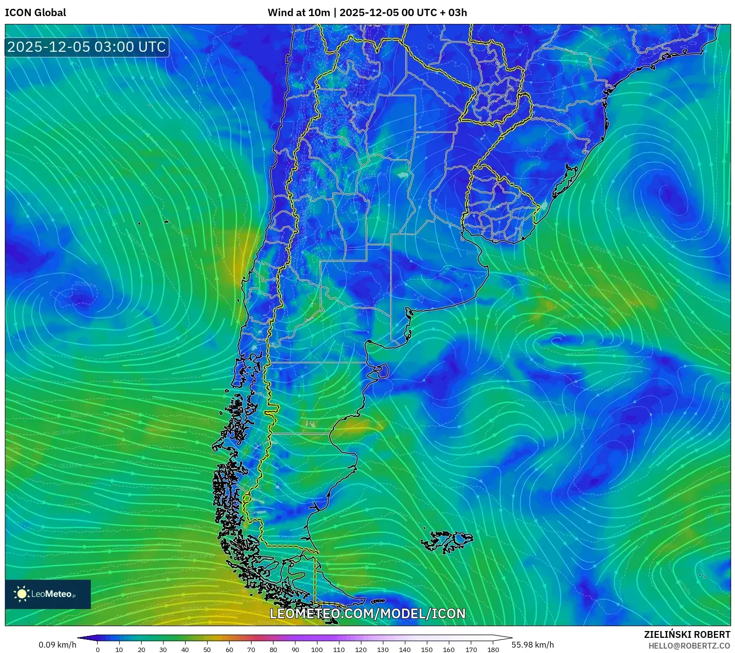 ICON model - Argentina, Wind at 10m