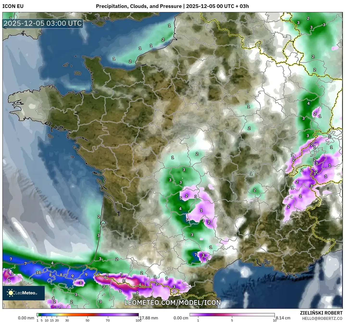 ICON model - France, Precipitation, Clouds, and Pressure