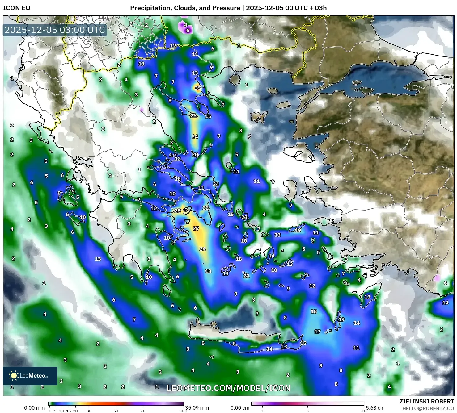 ICON model - Greece, Precipitation, Clouds, and Pressure