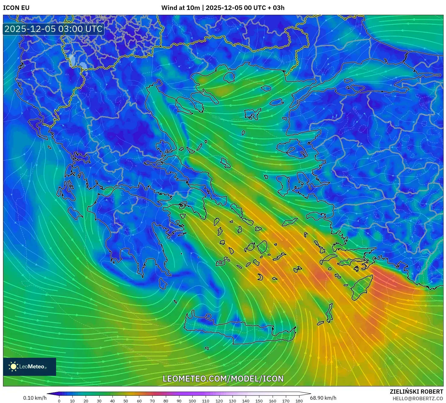 ICON model - Greece, Wind at 10m