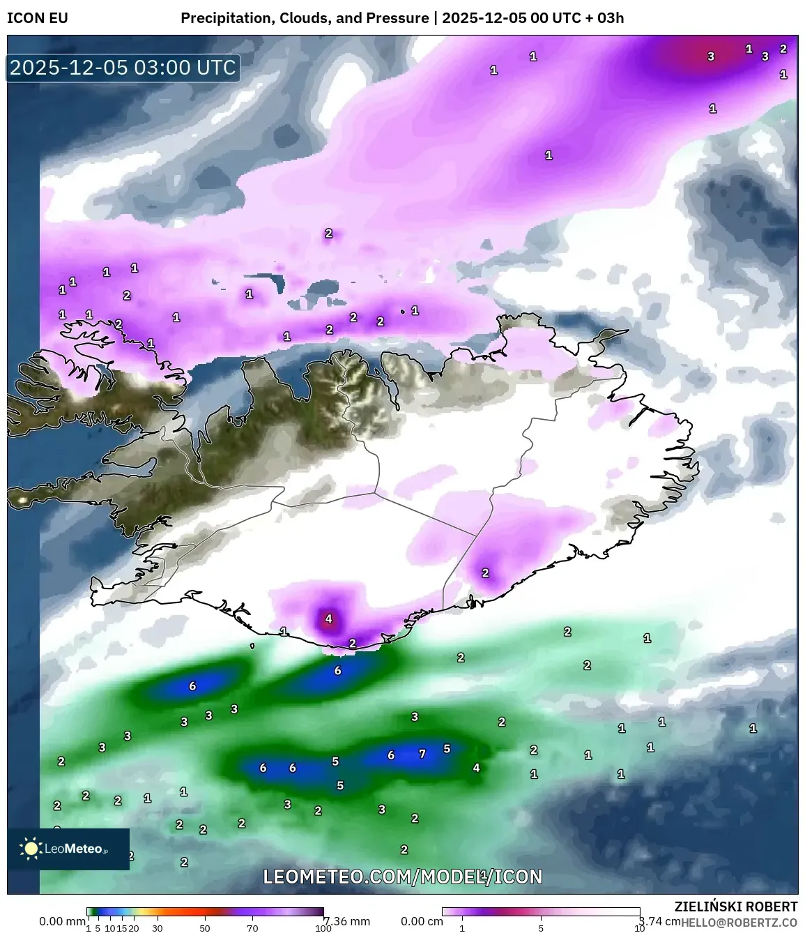 ICON model - Iceland, Precipitation, Clouds, and Pressure