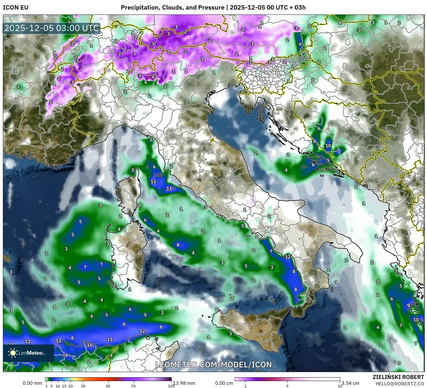 ICON model - Italy, Precipitation, Clouds, and Pressure