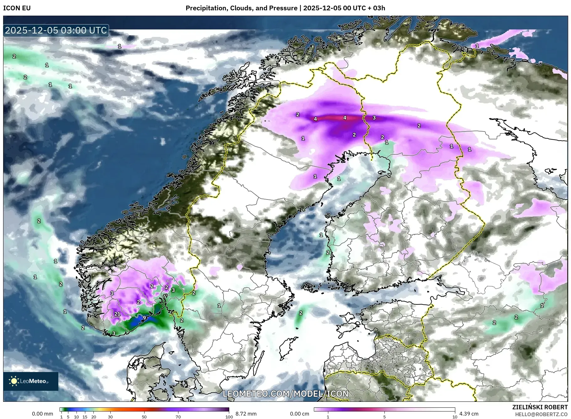 ICON model - Scandinavia, Precipitation, Clouds, and Pressure