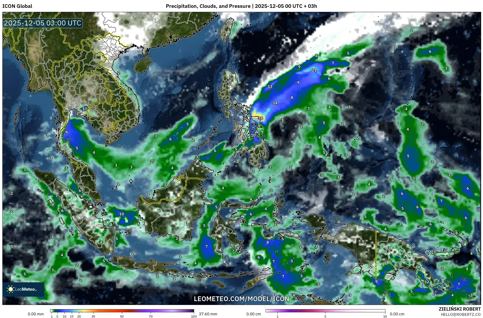 ICON model - South East Asia, Precipitation, Clouds, and Pressure