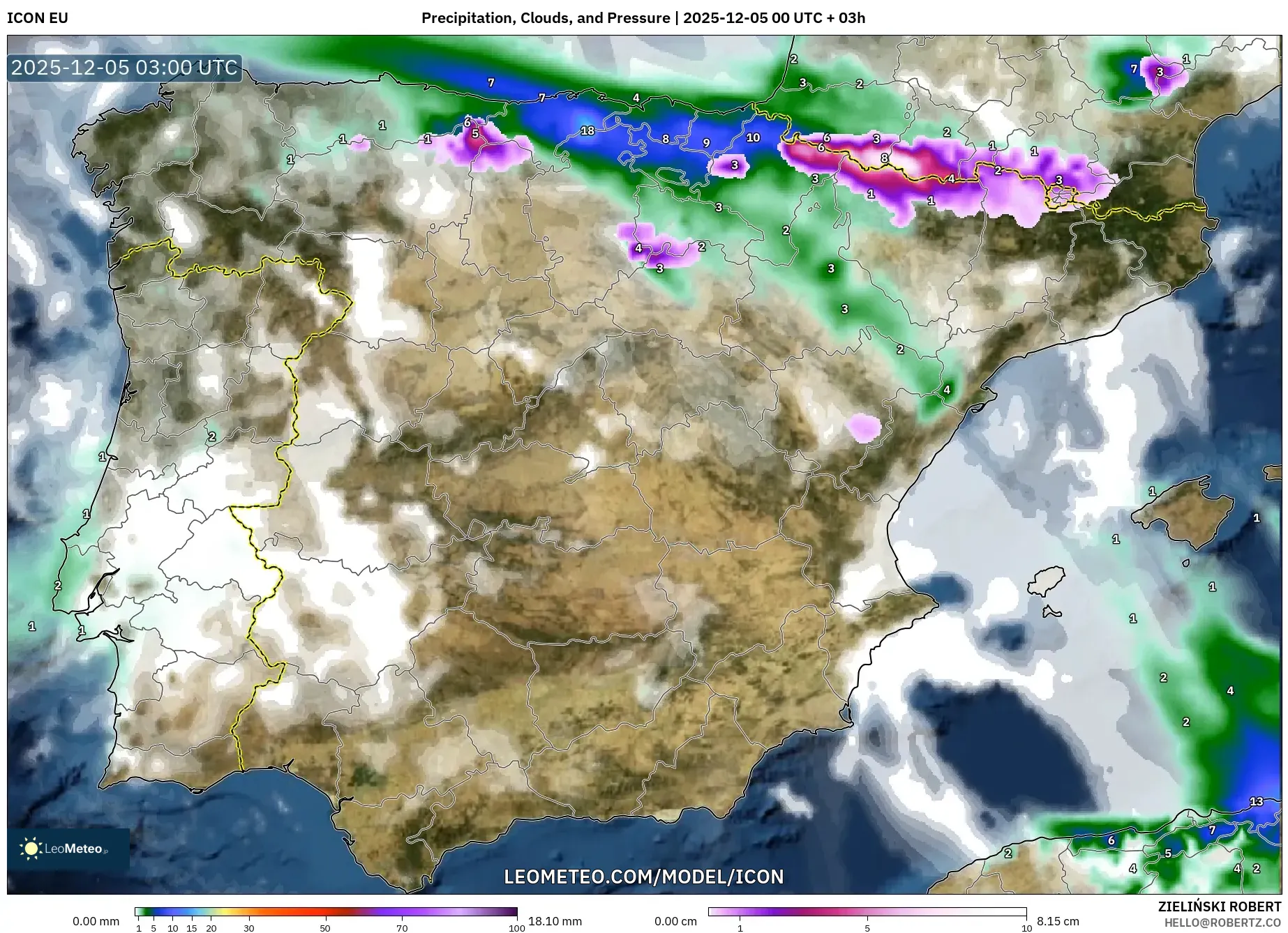 ICON model - Spain, Precipitation, Clouds, and Pressure