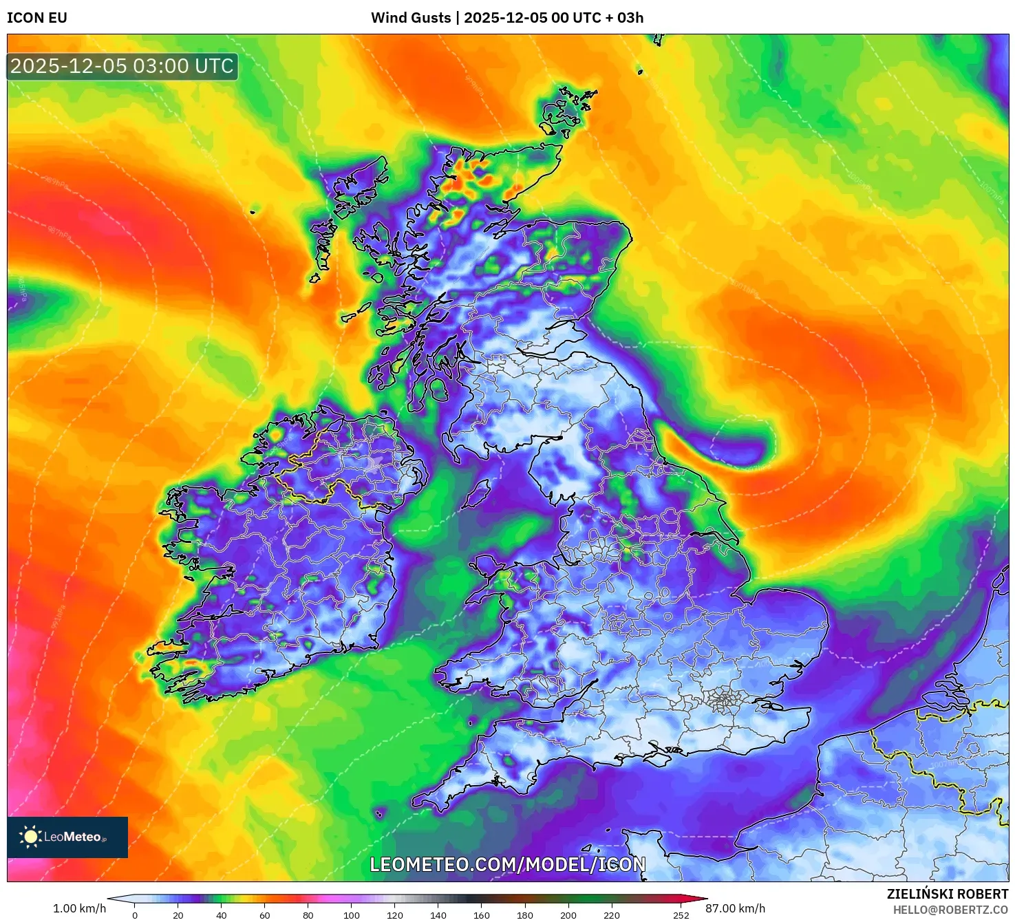 ICON model - United Kingdom, Wind Gusts