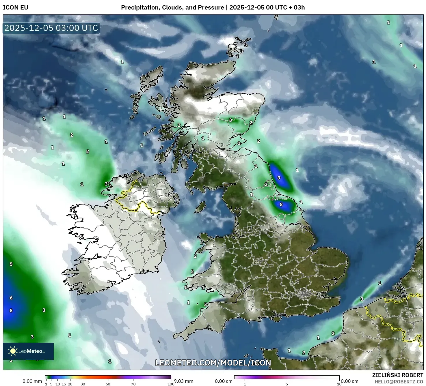 ICON model - United Kingdom, Precipitation, Clouds, and Pressure