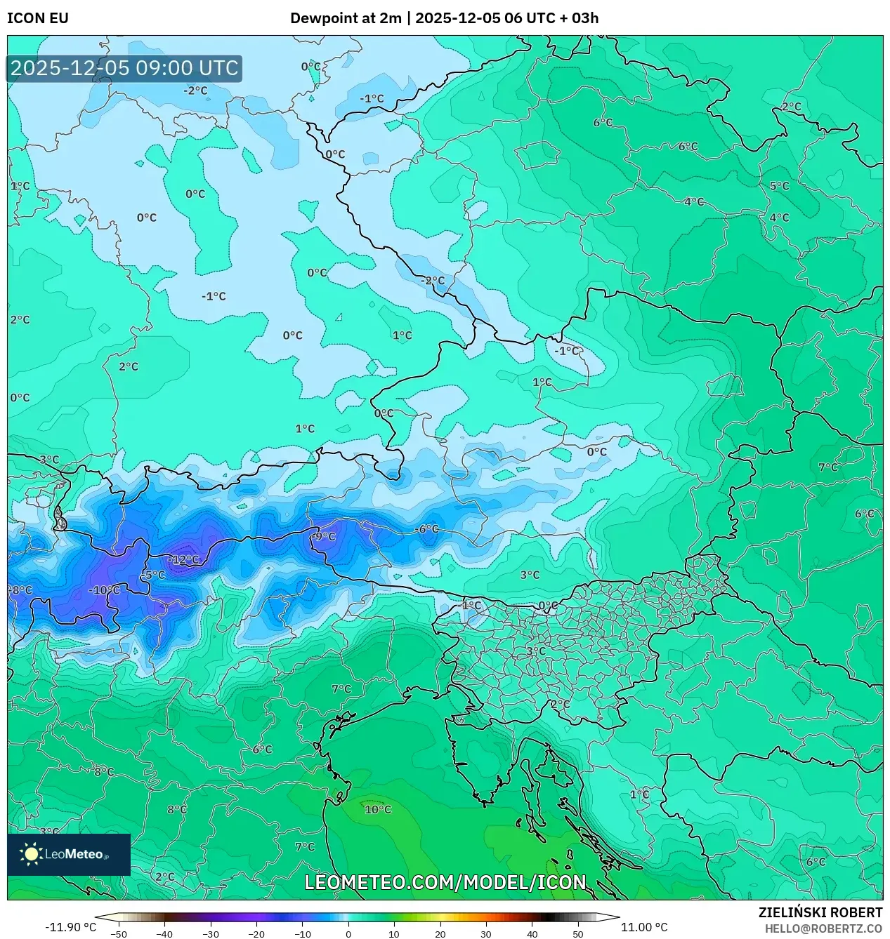 ICON model - Austria, Dewpoint at 2m