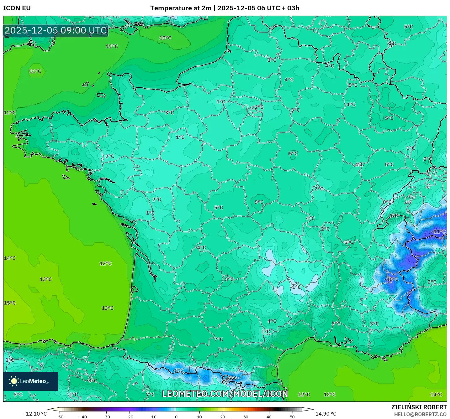 ICON model - France, Temperature at 2m