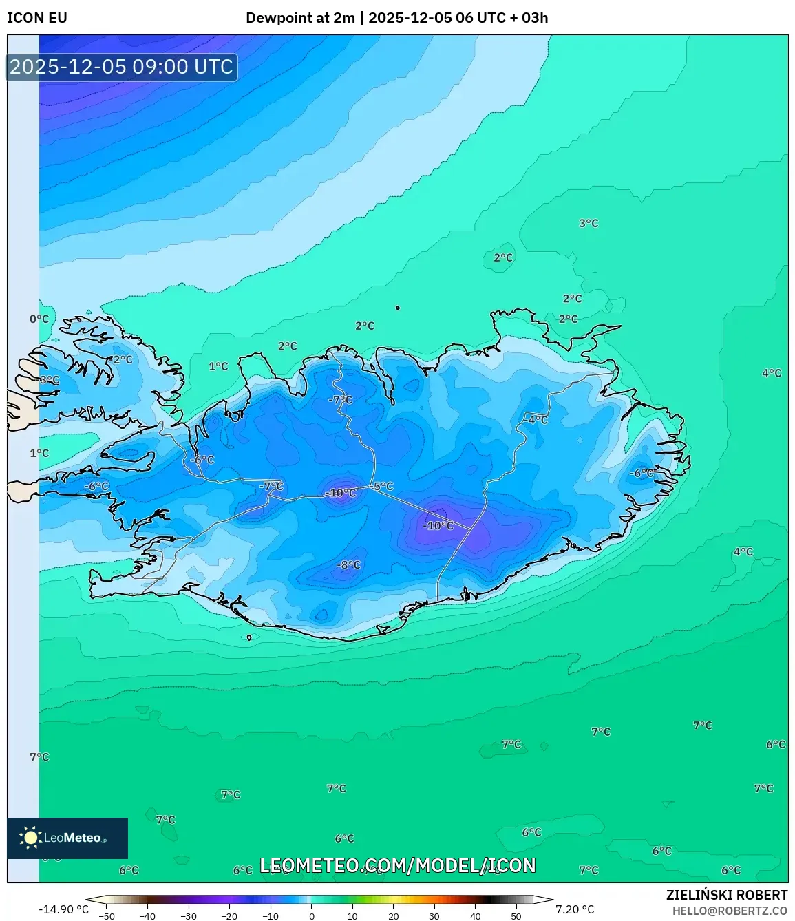 ICON model - Iceland, Dewpoint at 2m