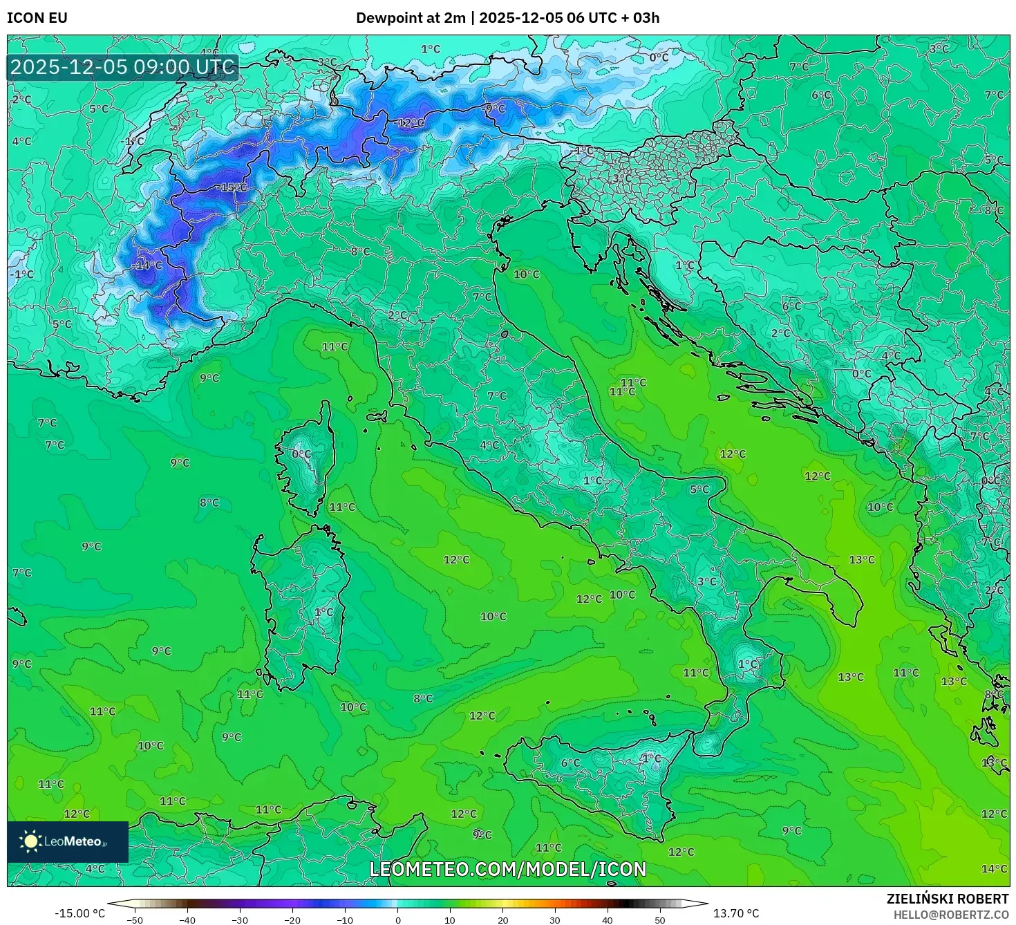 ICON model - Italy, Dewpoint at 2m