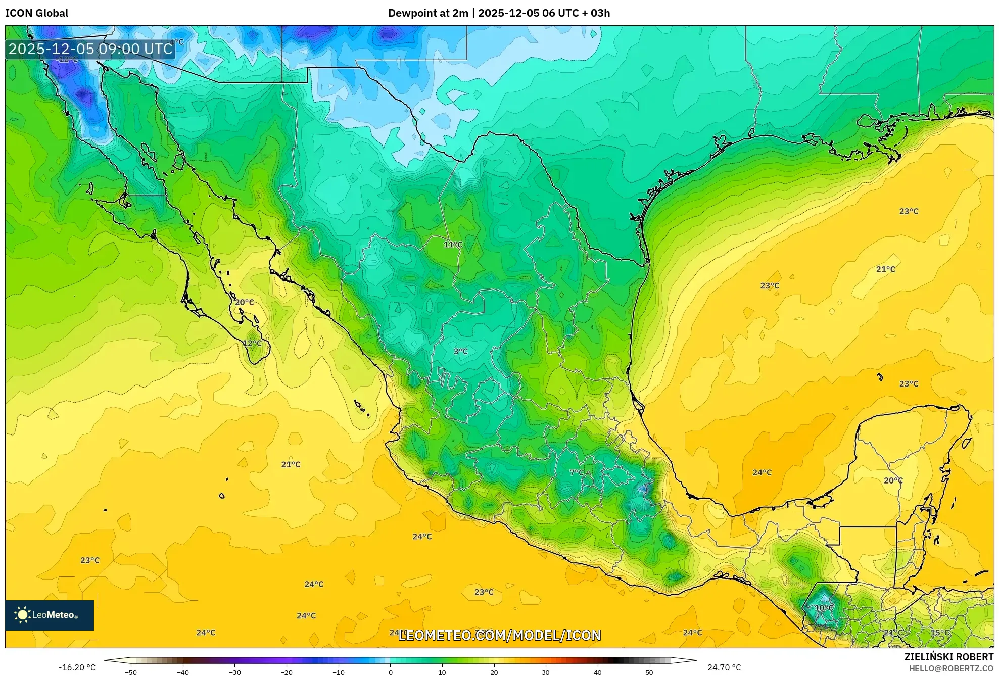 ICON model - Mexico, Dewpoint at 2m