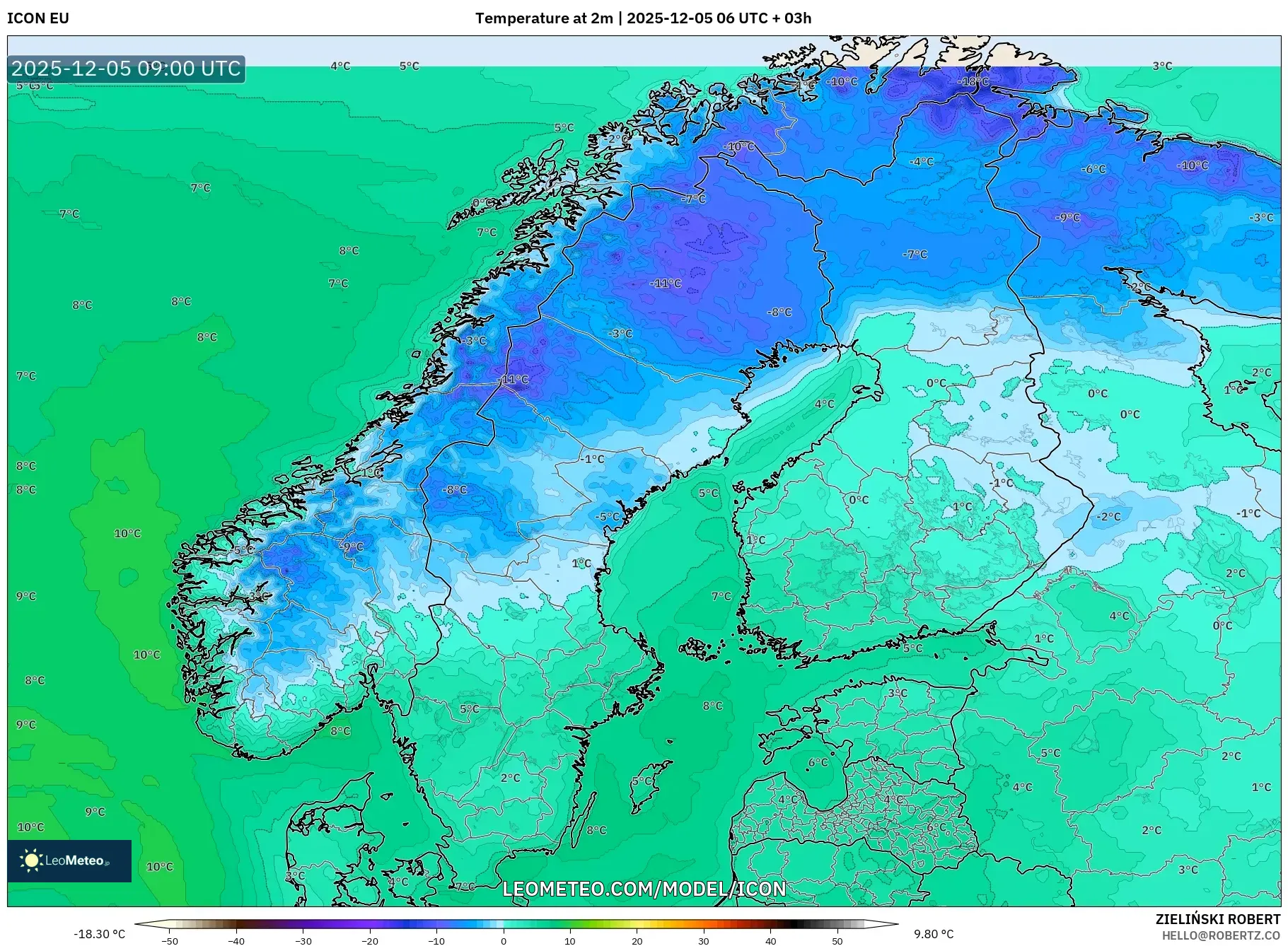 ICON model - Scandinavia, Temperature at 2m