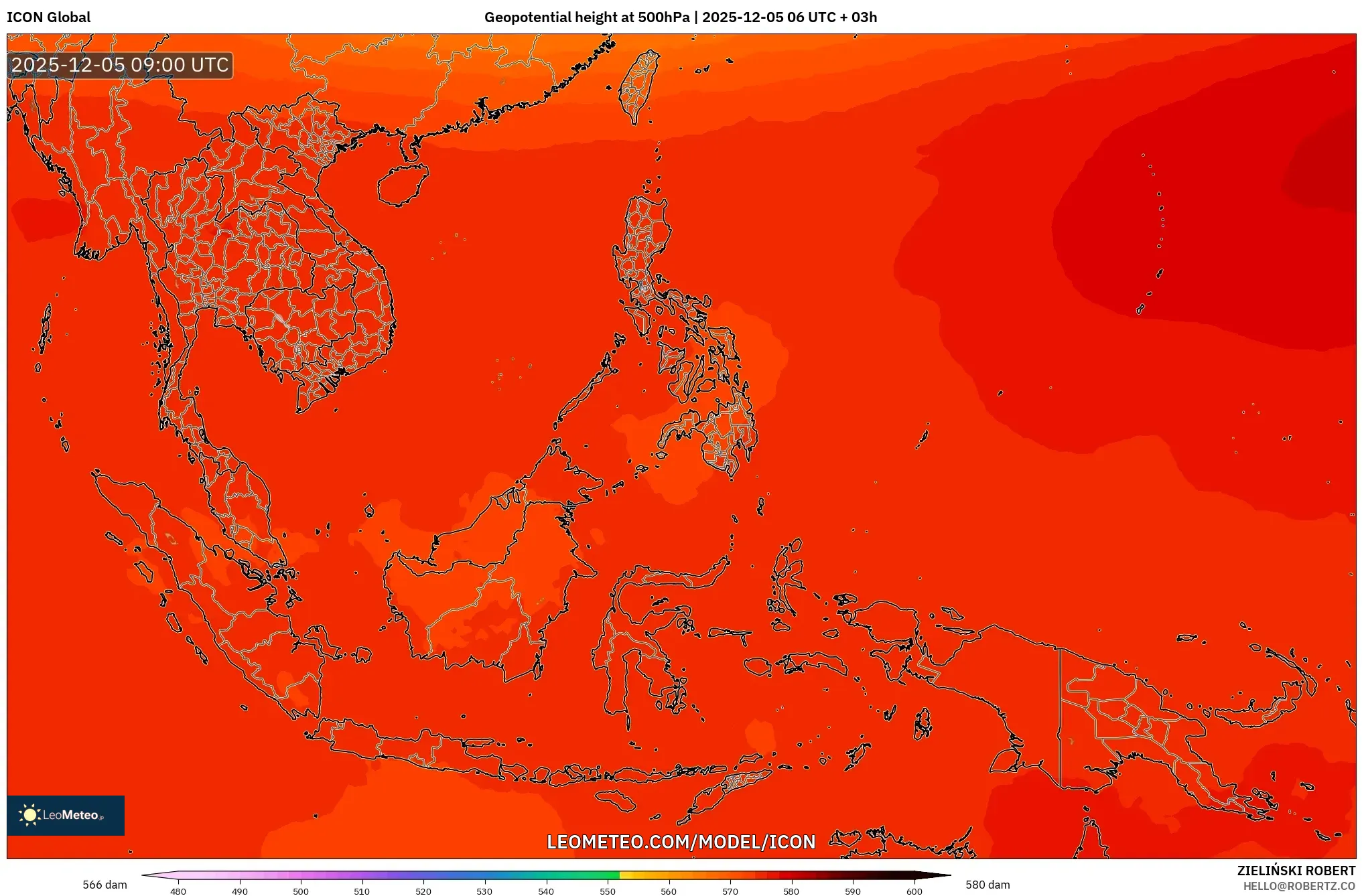 ICON model - South East Asia, Geopotential height at 500hPa