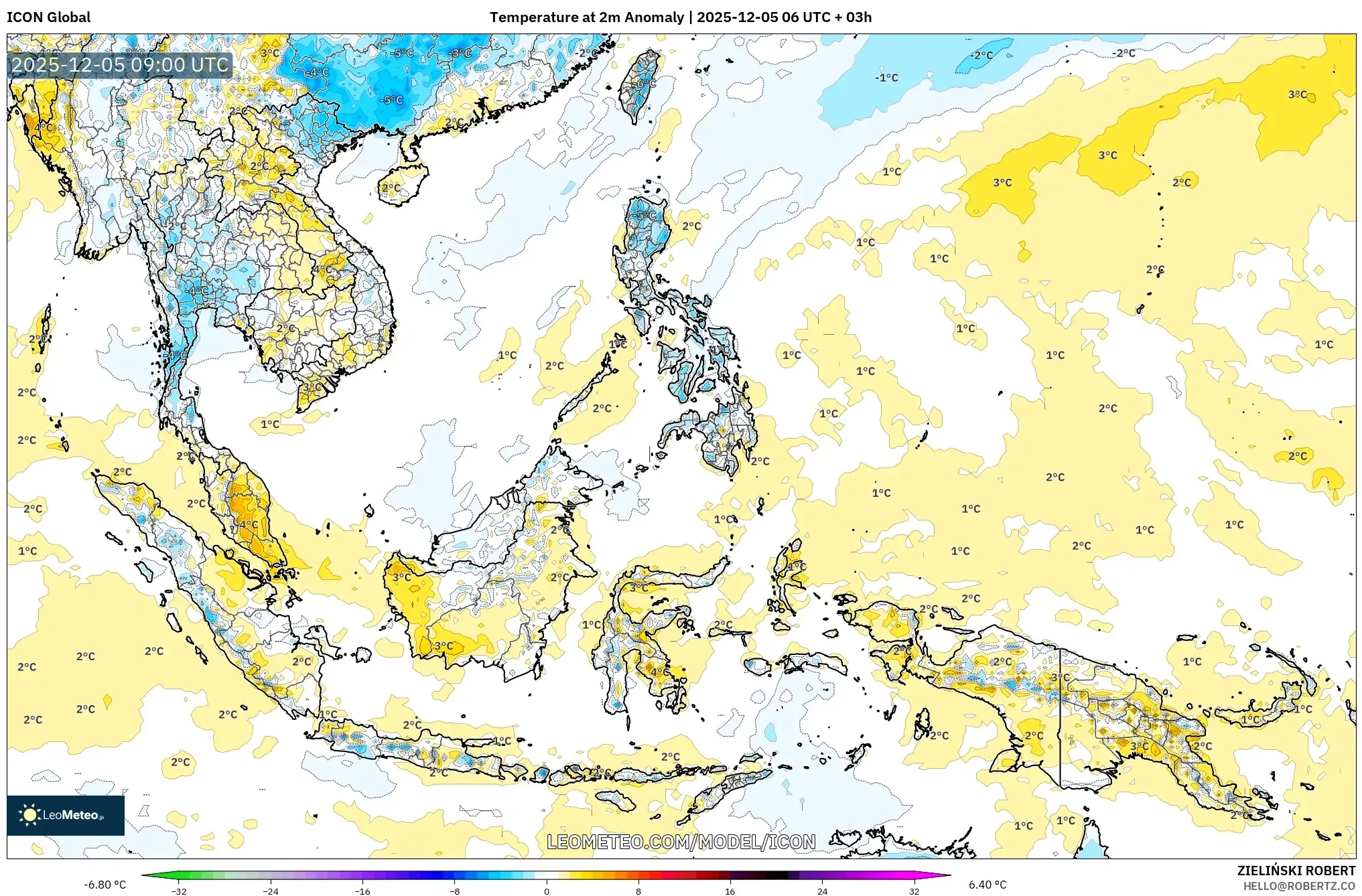 ICON model - South East Asia, Temperature at 2m Anomaly