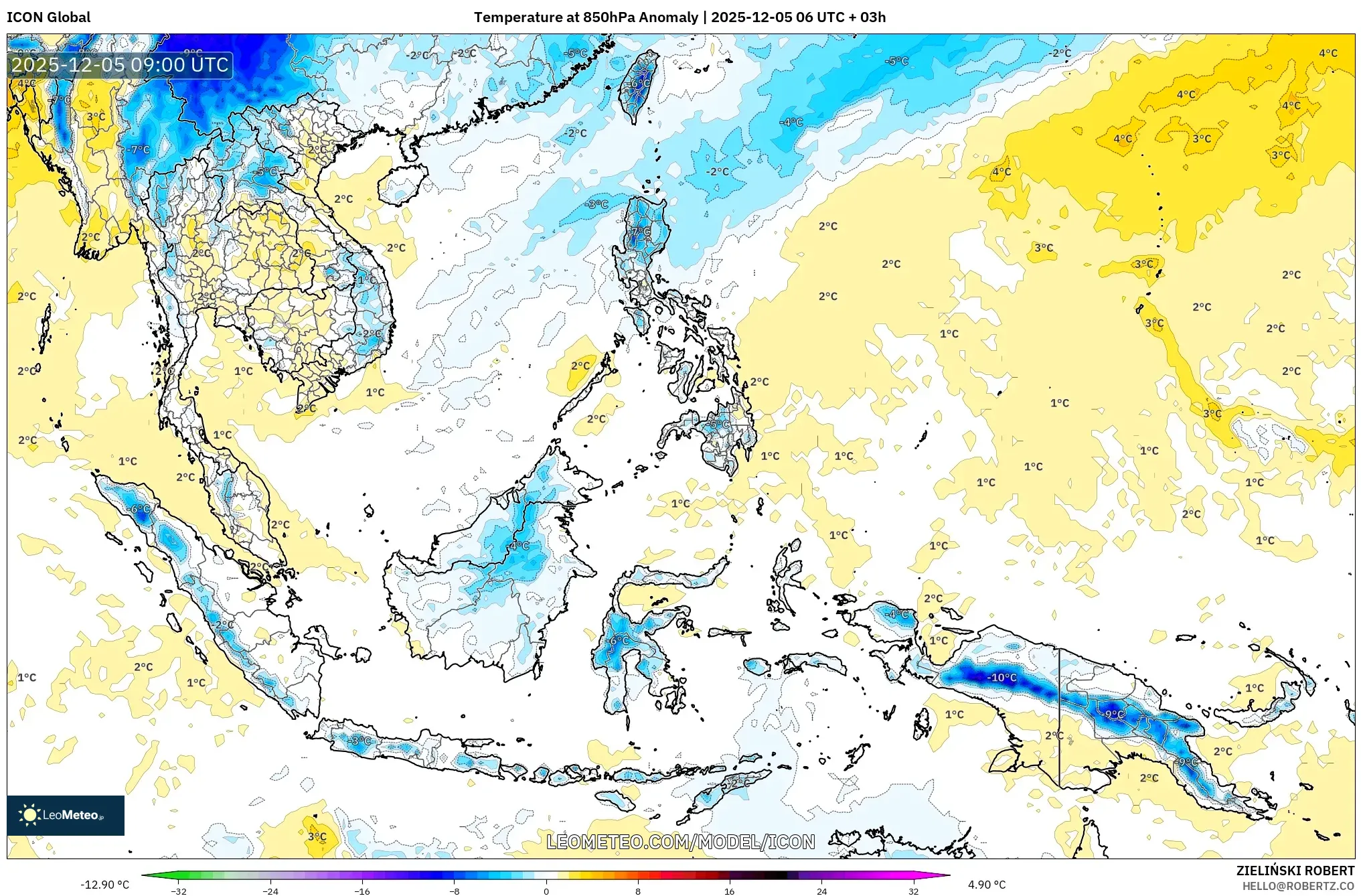 ICON model - South East Asia, Temperature at 850hPa Anomaly