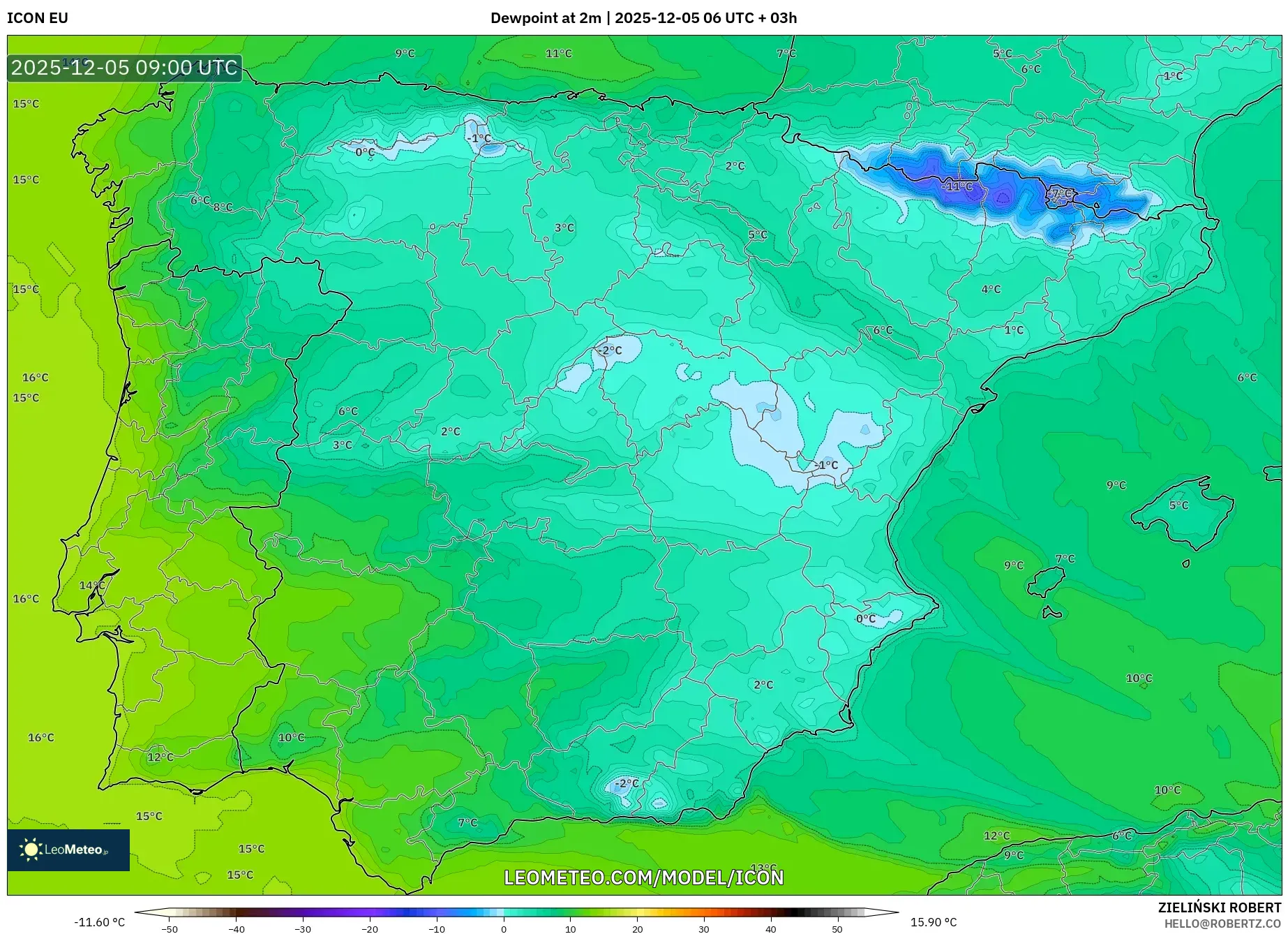 ICON model - Spain, Dewpoint at 2m