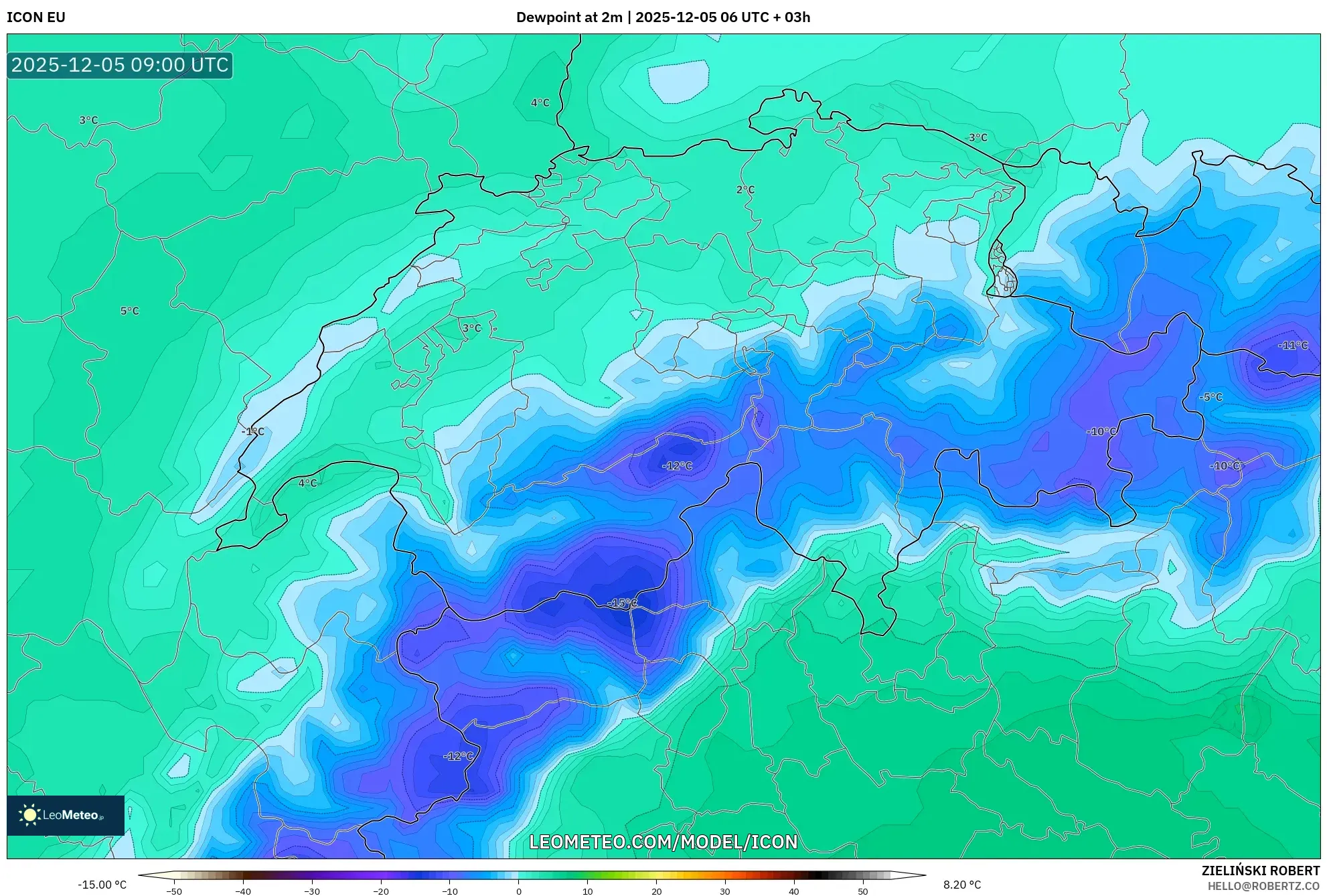 ICON model - Switzerland, Dewpoint at 2m
