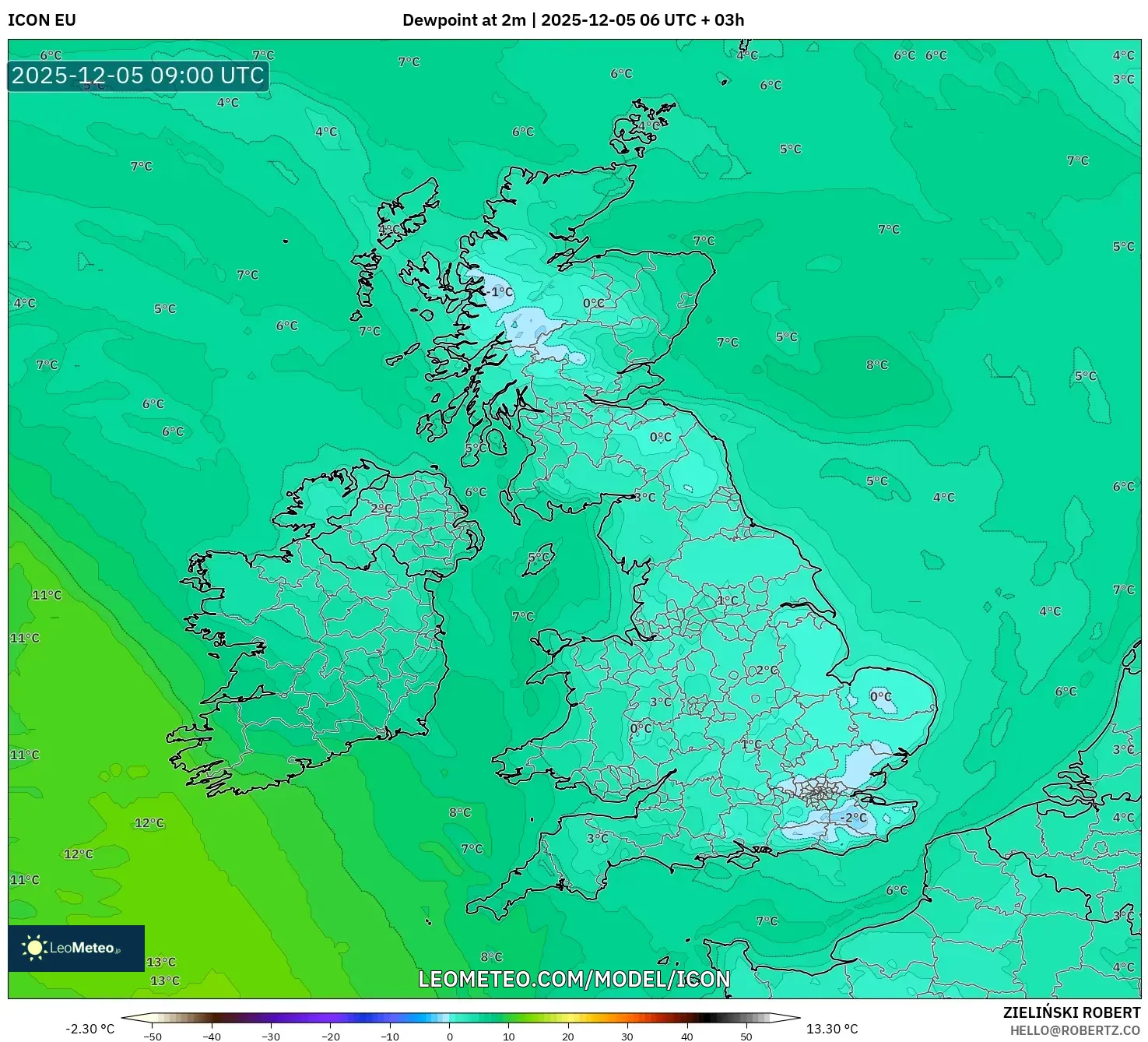 ICON model - United Kingdom, Dewpoint at 2m