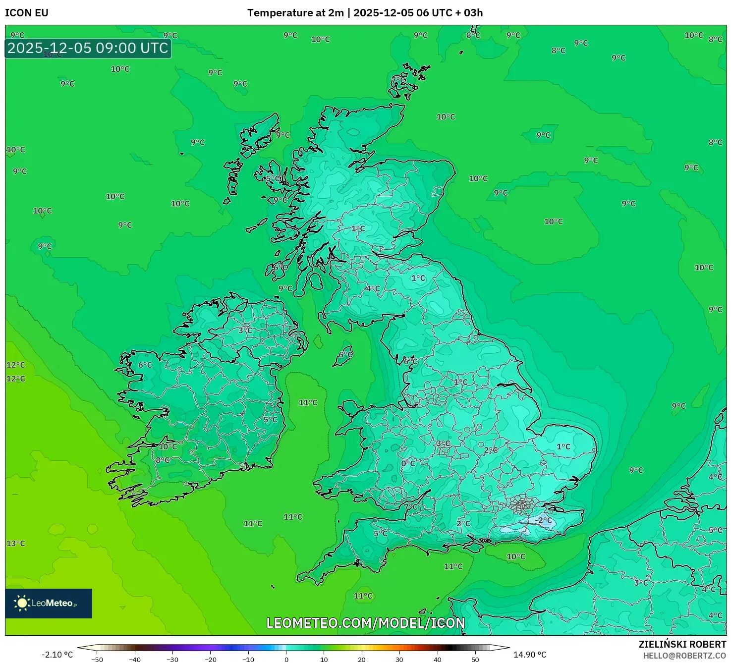 ICON model - United Kingdom, Temperature at 2m