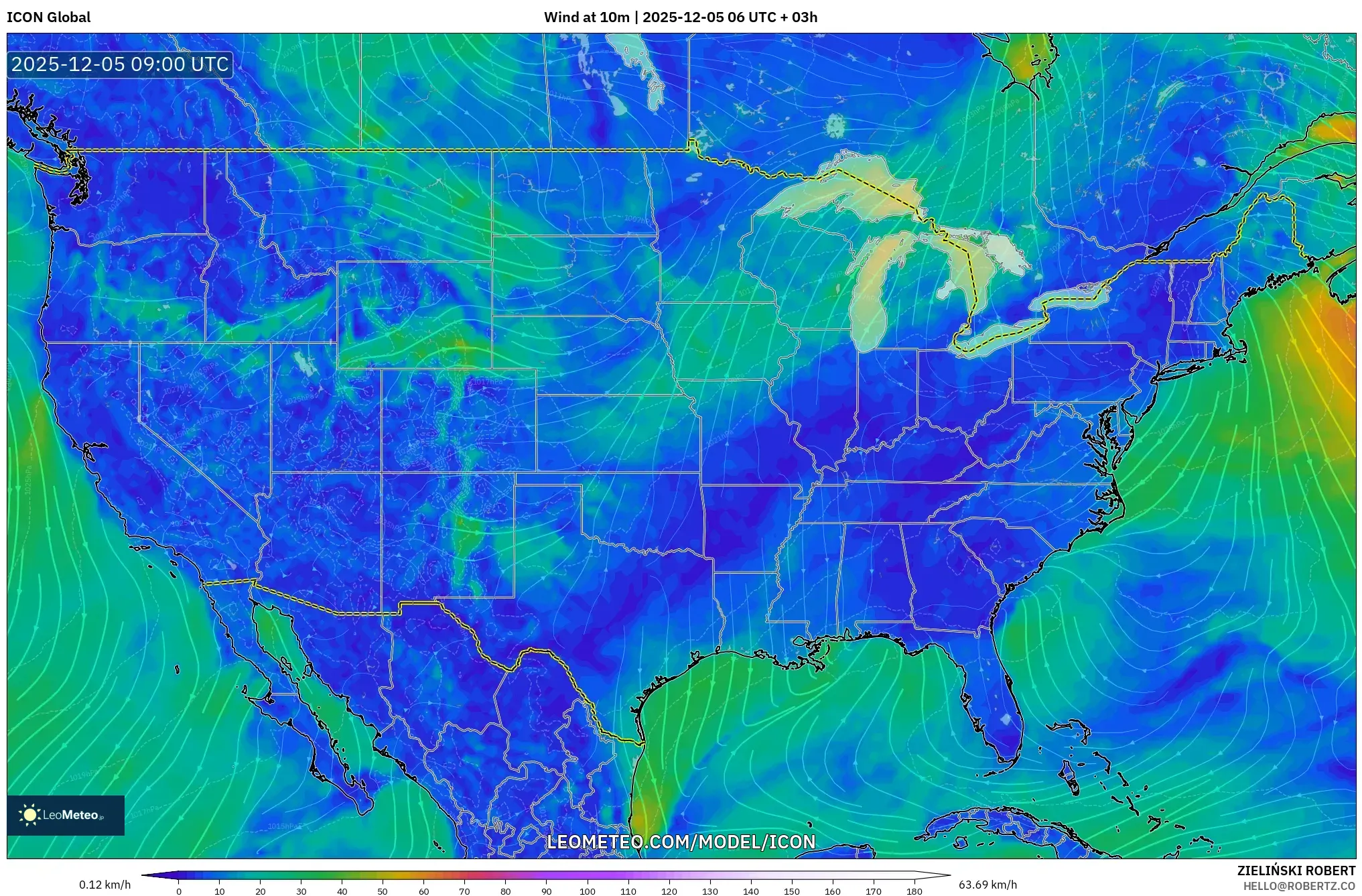 ICON model - United States, Wind at 10m