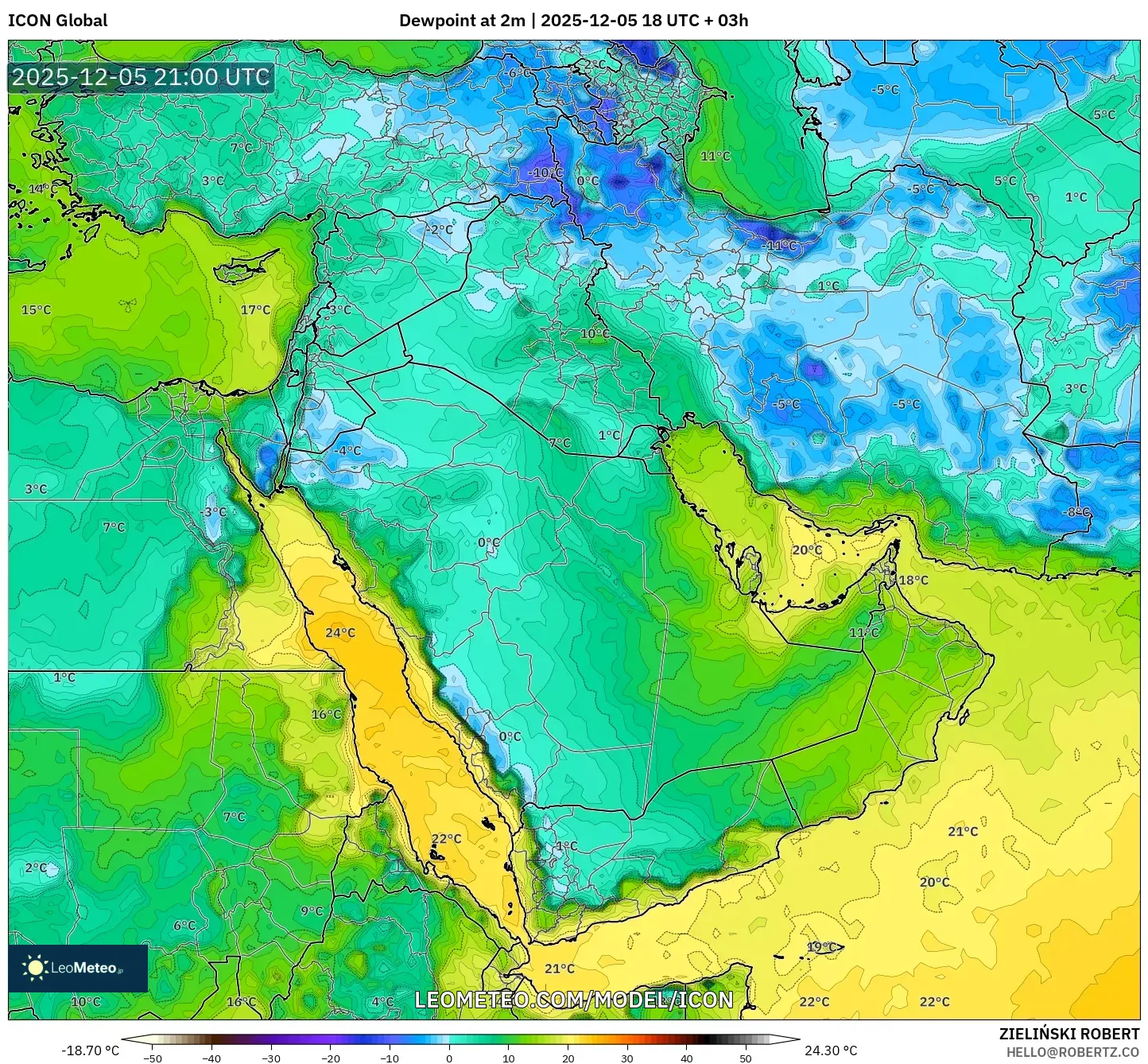 ICON model - Middle East, Dewpoint at 2m