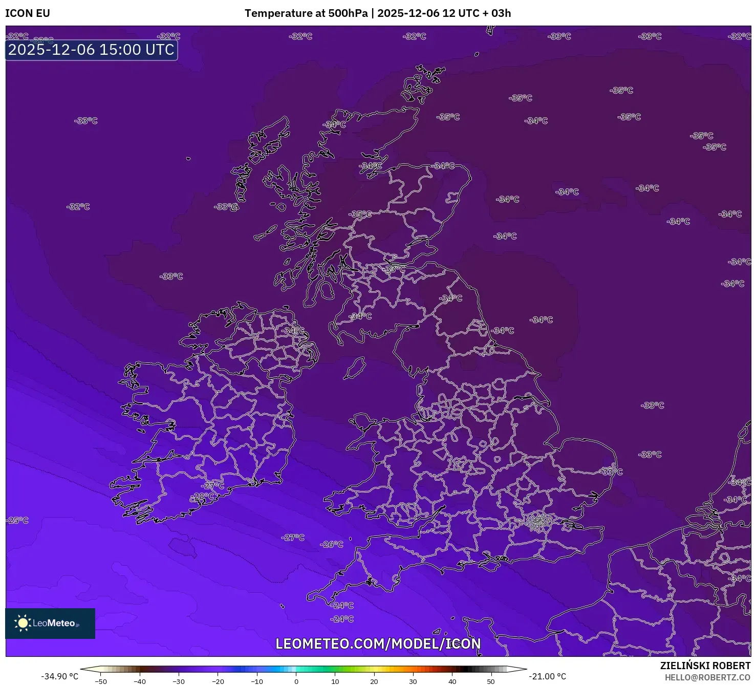 ICON model - United Kingdom, Temperature at 500hPa