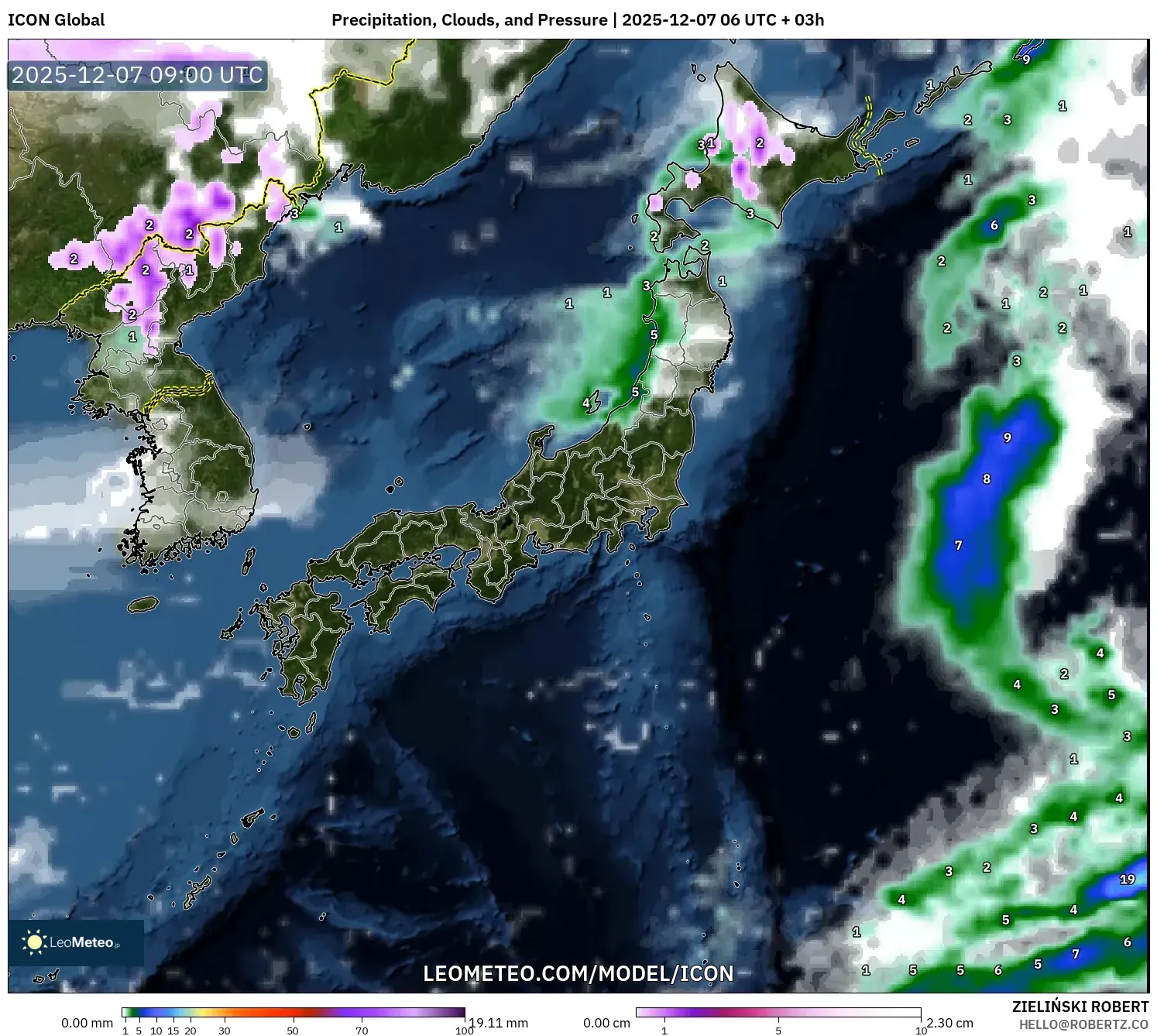 ICON model - Japan, Precipitation, Clouds, and Pressure