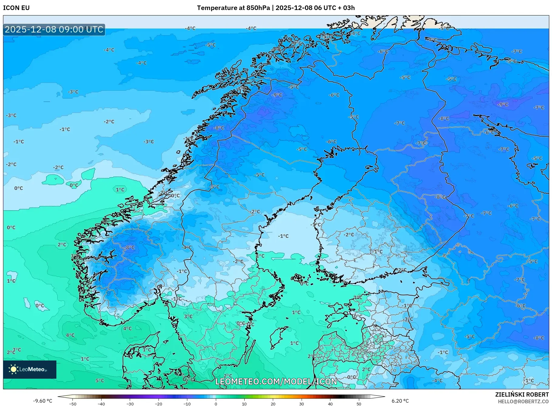 ICON model - Scandinavia, Temperature at 850hPa