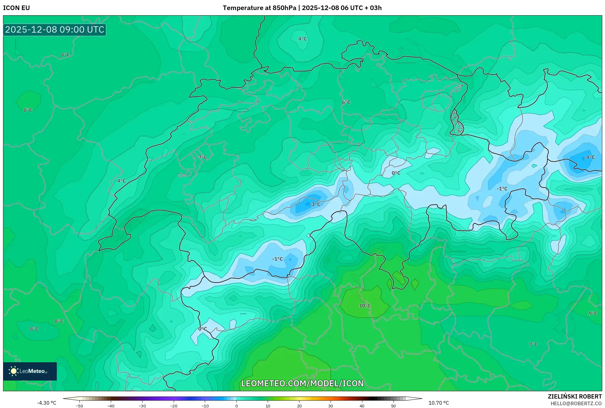 ICON model - Switzerland, Temperature at 850hPa