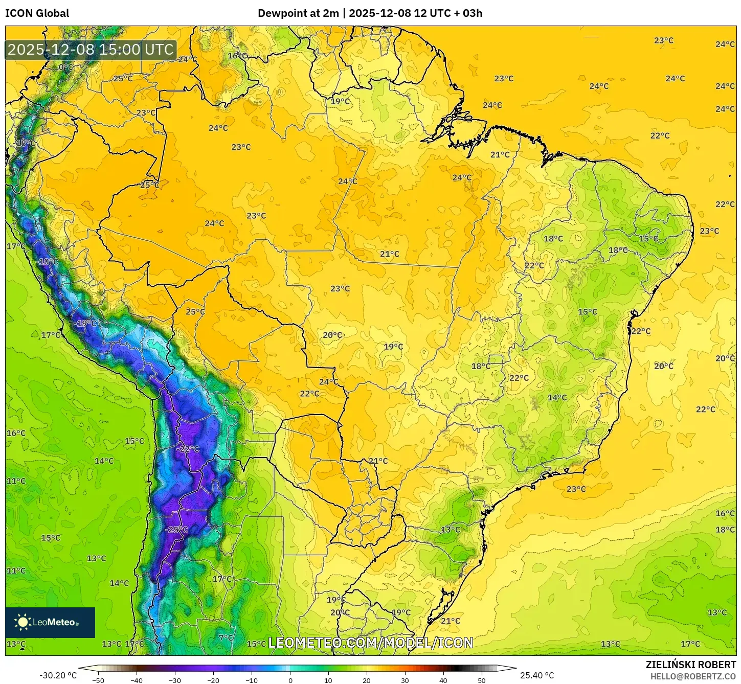 ICON model - Brazil, Dewpoint at 2m