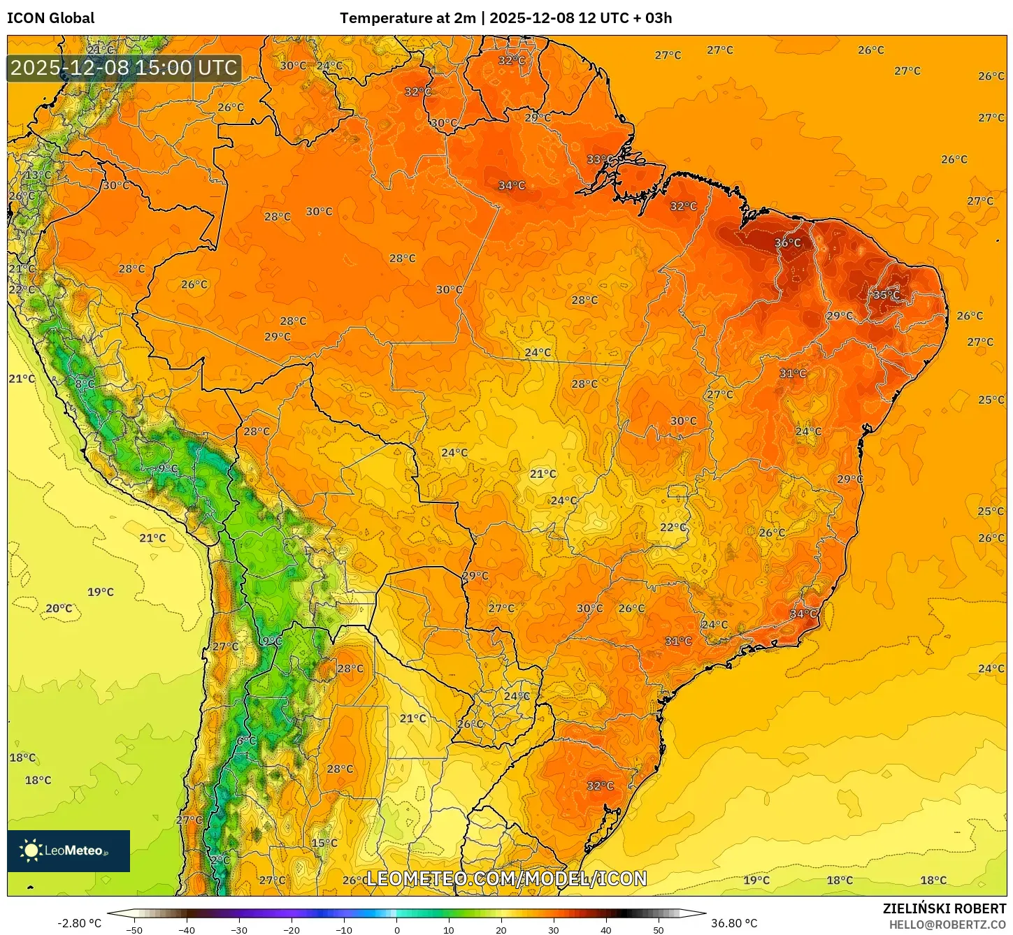 ICON model - Brazil, Temperature at 2m
