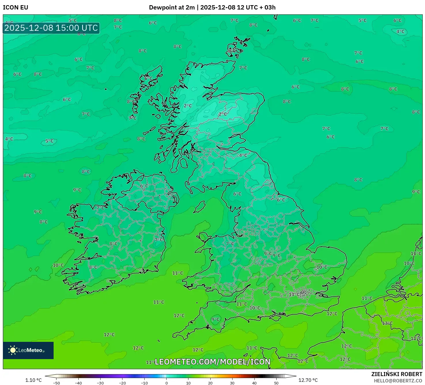 ICON model - United Kingdom, Dewpoint at 2m