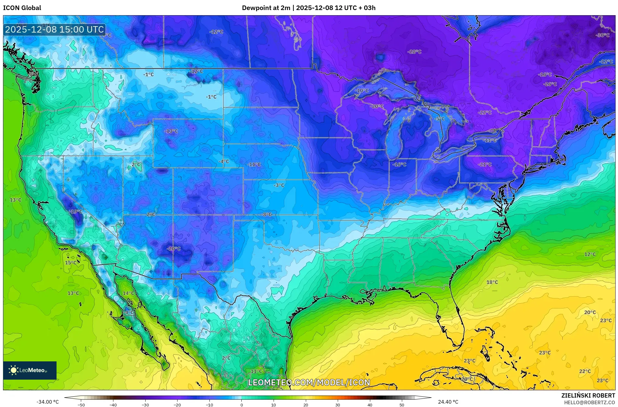 ICON model - United States, Dewpoint at 2m